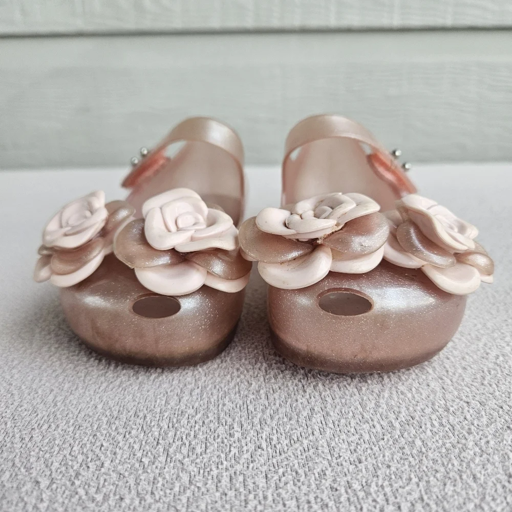 Mini Melissa Pink Sparkle Floral Rose Jelly Mary Jane Shoe Girl SZ 11 Spring
